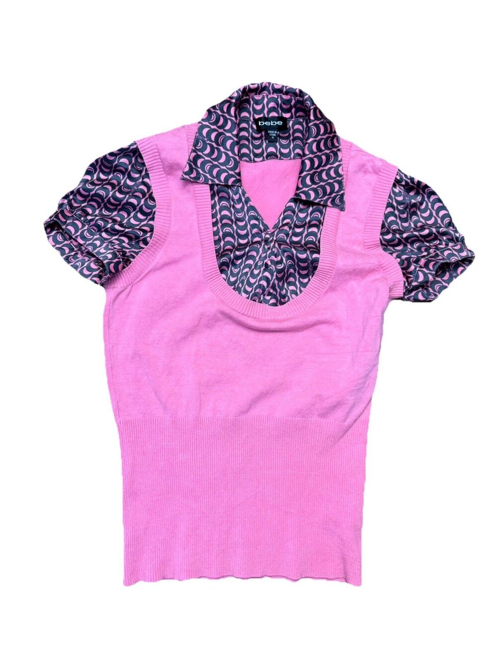 Y2K Bebe Geometric Silk Sweater Top Pink Office Siren Preppy Medium GUC - Picture 7 of 8